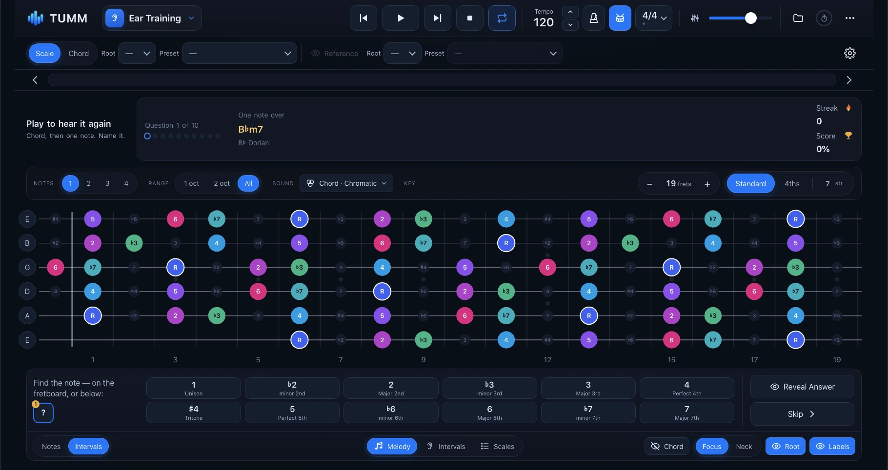 Actual TUMM Ear Training with chord context and guitar interval choices