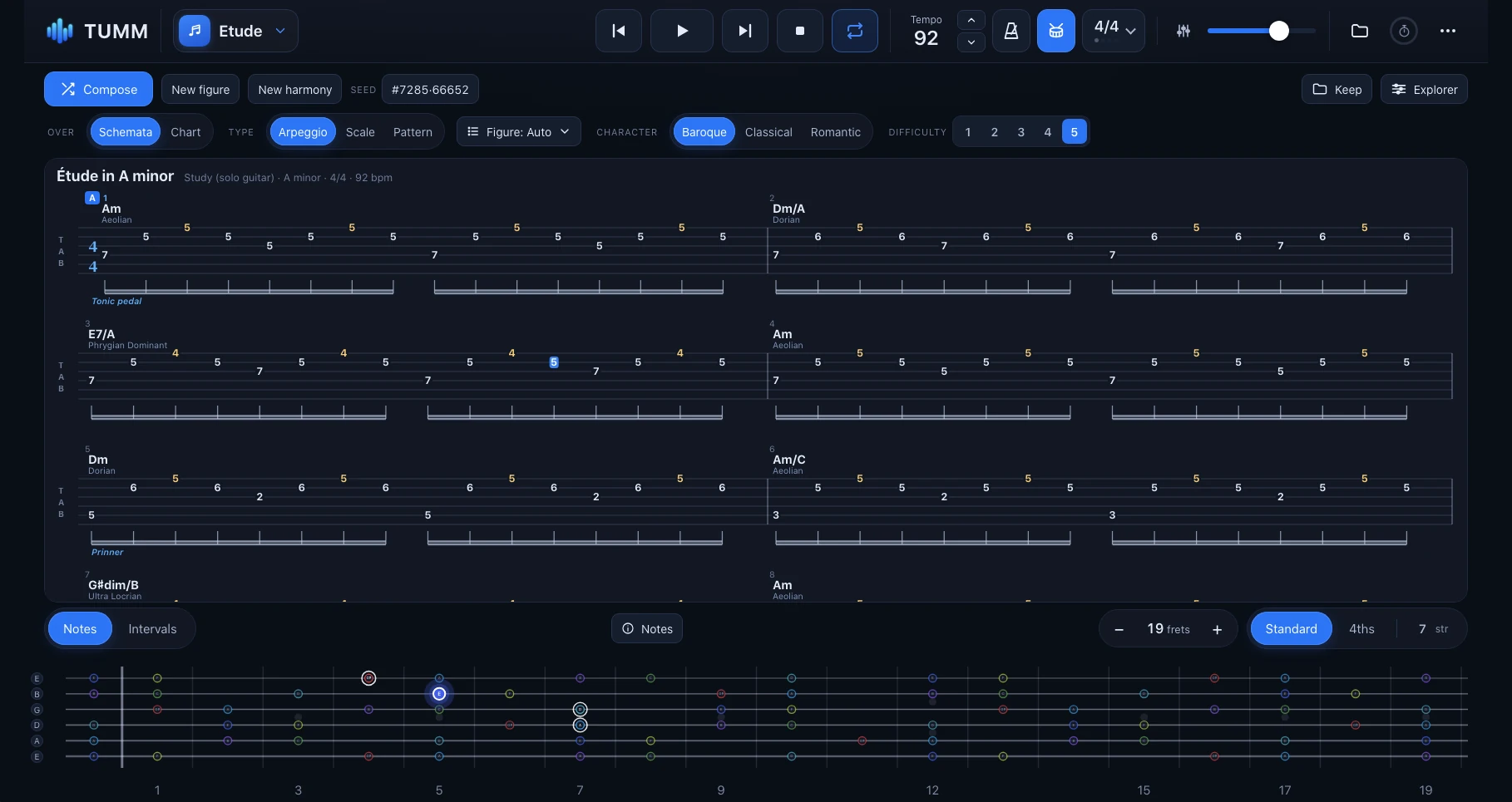 Actual TUMM Etude interface with composed guitar study and notation