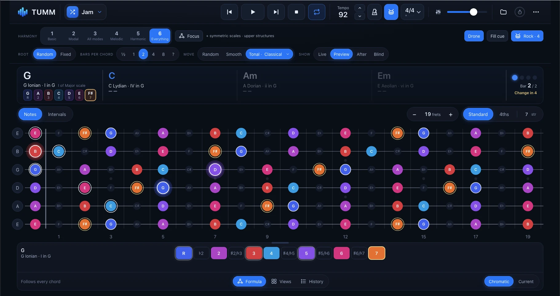 Actual TUMM Jam showing live harmony and color-coded guitar fretboard