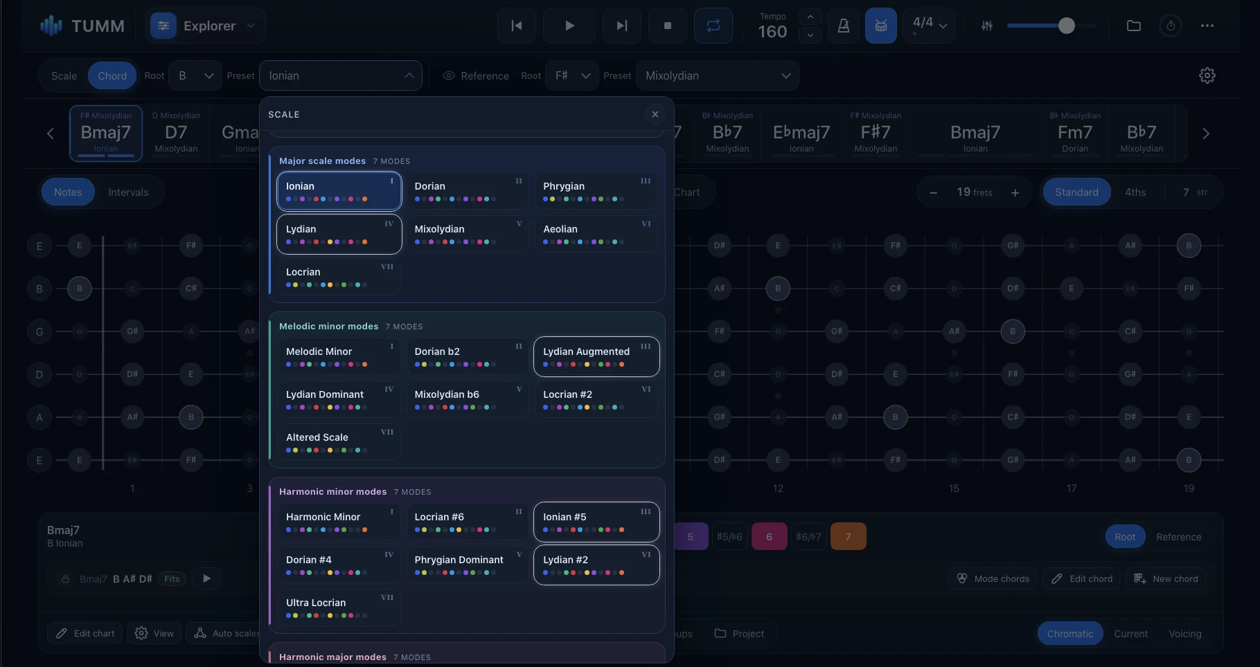 Actual modal scale family selection interface