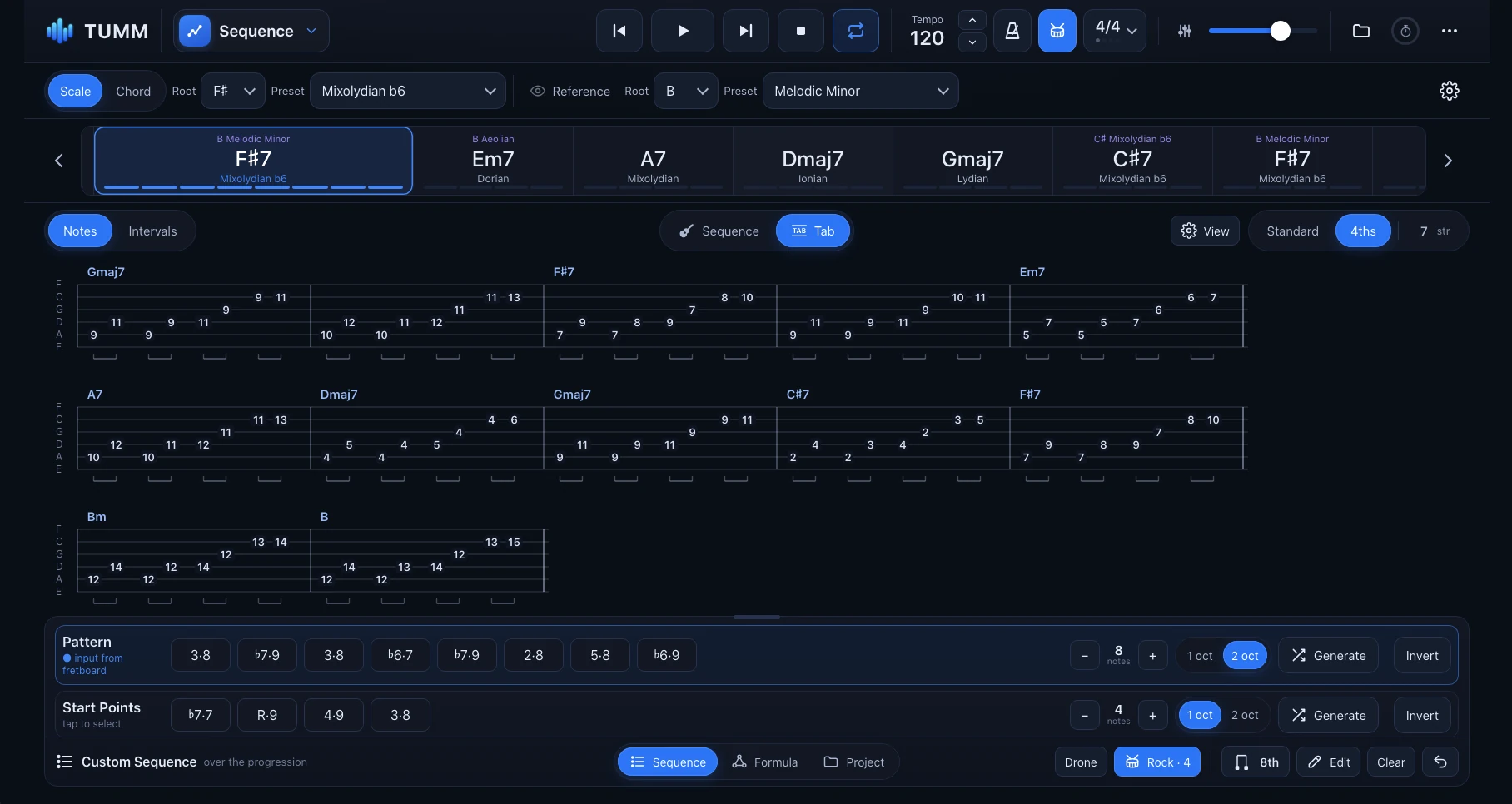 Real TUMM Sequence screen showing tablature across a chord progression