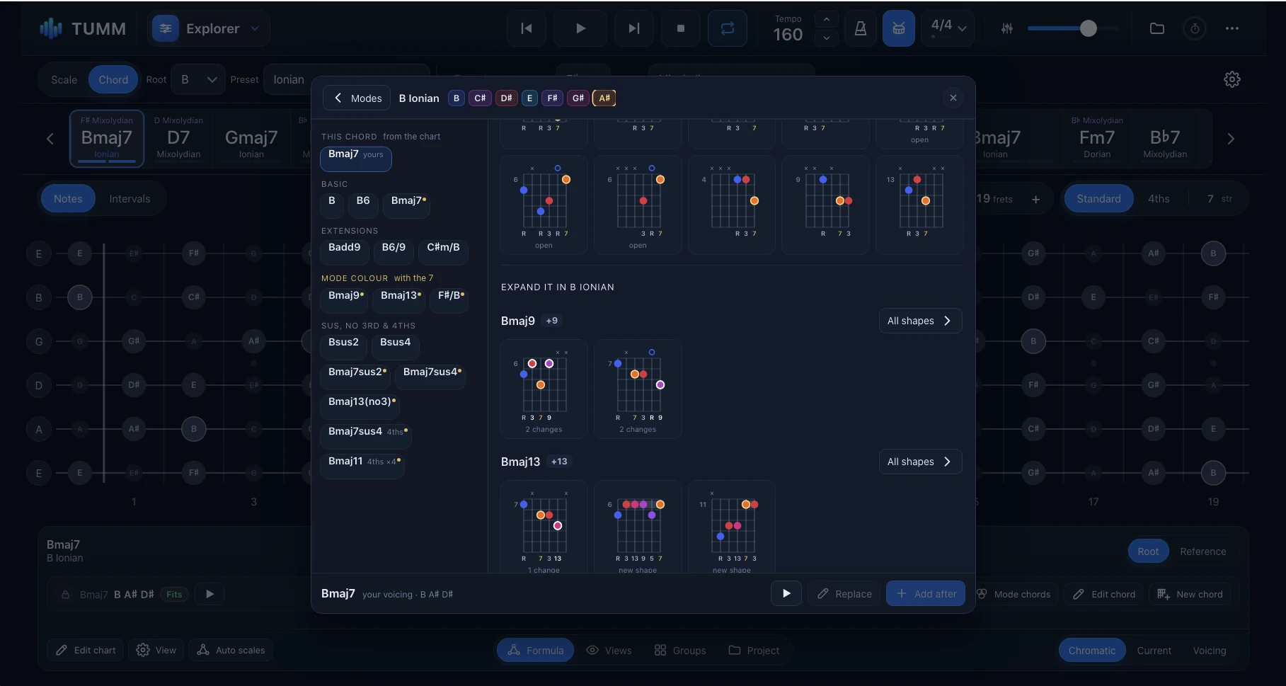 Actual chord and voicing selection interface